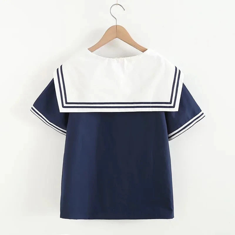 Summer Women Navy Shirts Patchwork Blouses Pullover Short Sleeve Lady Tops Sailor Collar Female Clothing