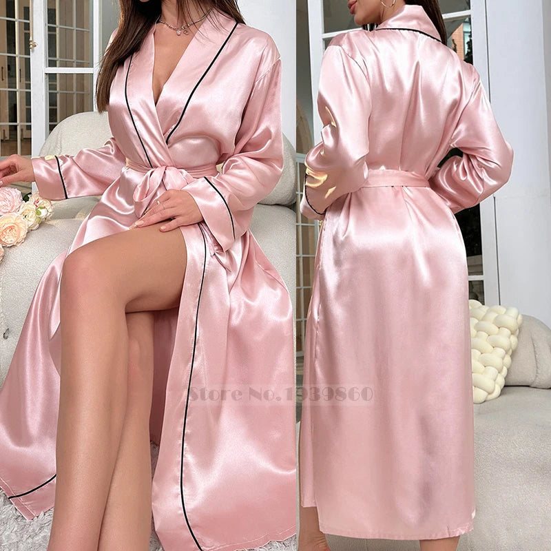 New Female Long Robe Nightgown Spring Summer Silk Satin Kimono Bathrobe Sleepwear Loose Silk Satin Home Dressing Gown Loungewear