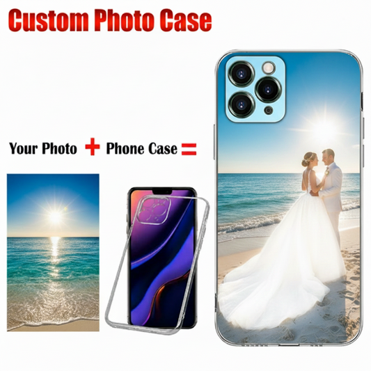 Custom photo phone case with a couple on a beach at sunset, featuring text 'Your Photo + Phone Case = Custom Photo Case'.